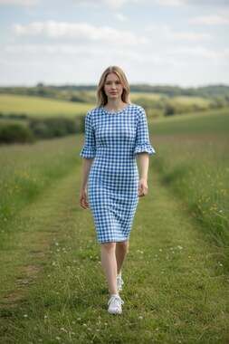 Sonnet James 'A Play Dress' Blue Gingham Ruffle Sleeve Fitting Midi Dress, Size